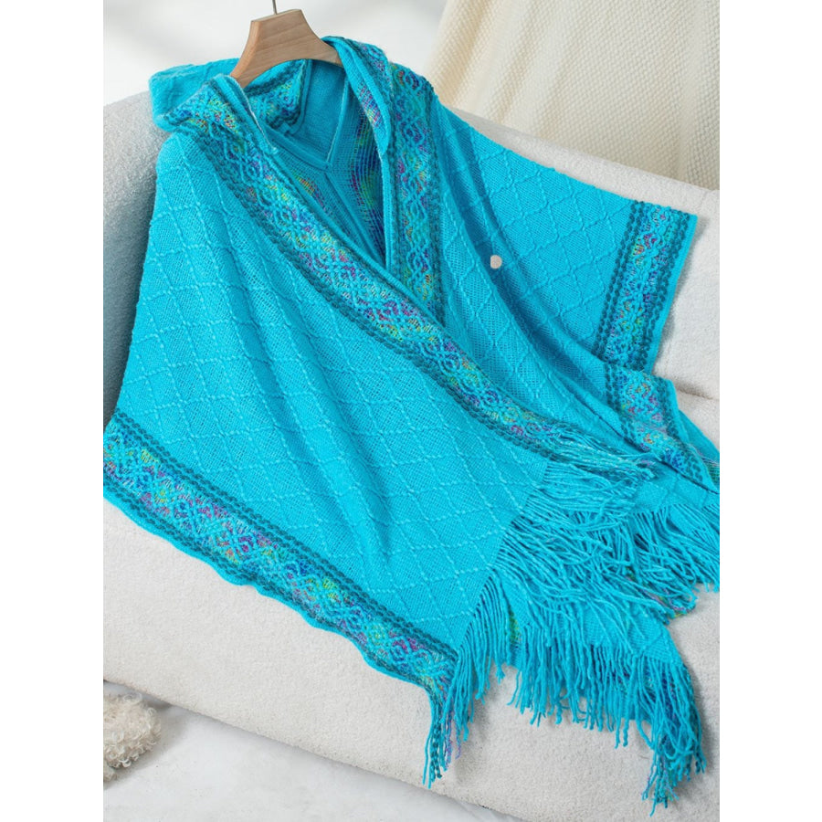 Fringe Half Sleeve Hooded Poncho Sky Blue / One Size Apparel and Accessories