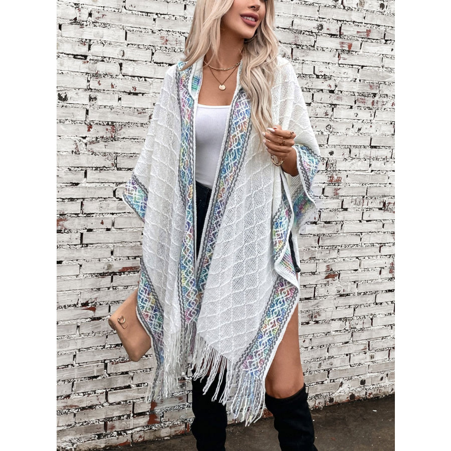 Fringe Half Sleeve Hooded Poncho White / One Size Apparel and Accessories