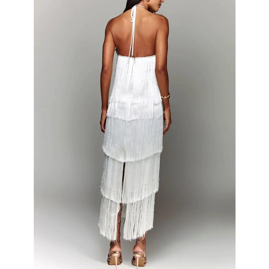 Fringe Halter Neck Maxi Dress Apparel and Accessories