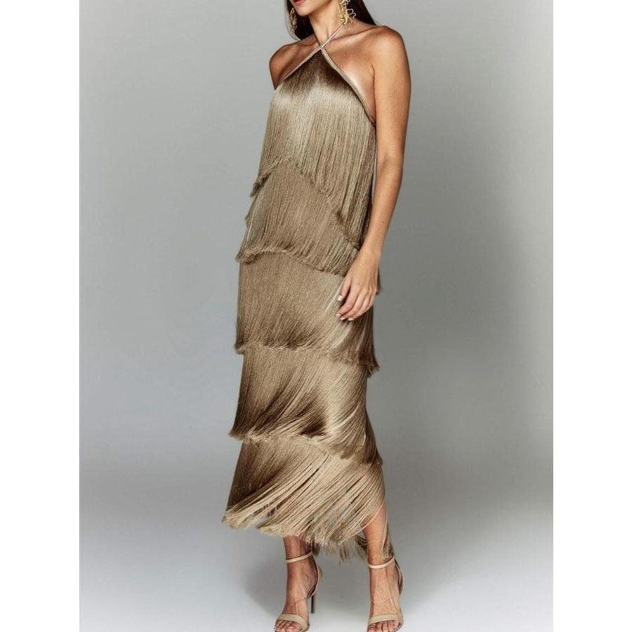 Fringe Halter Neck Maxi Dress Apparel and Accessories