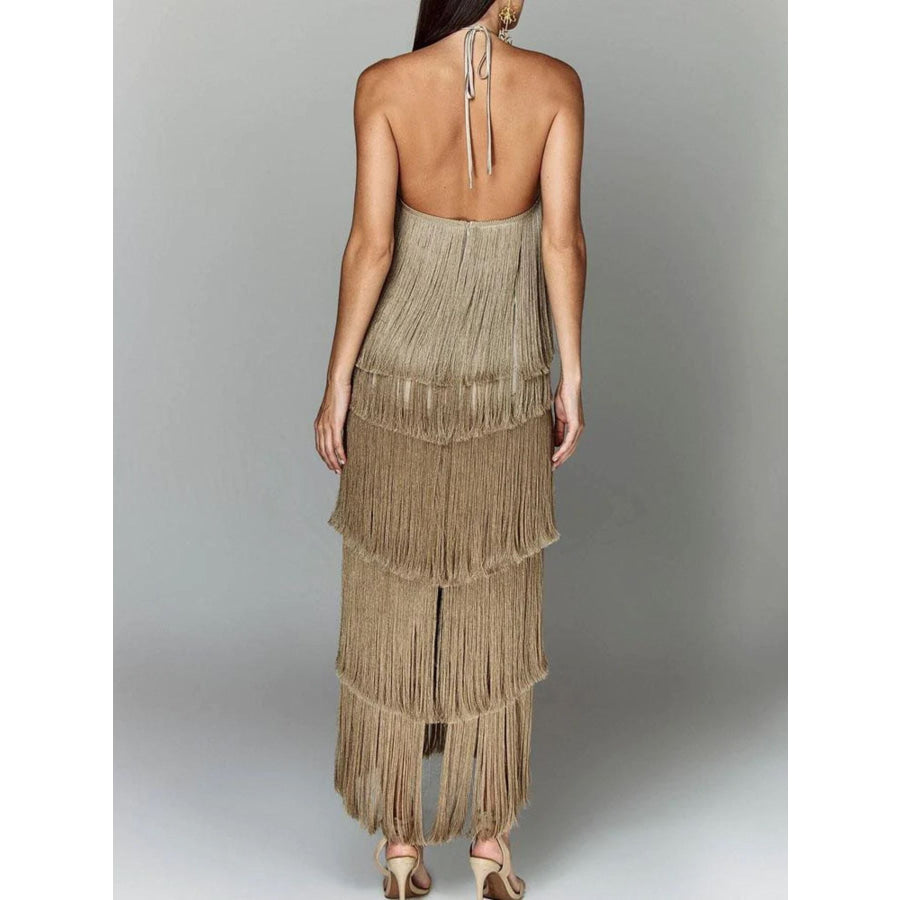 Fringe Halter Neck Maxi Dress Apparel and Accessories