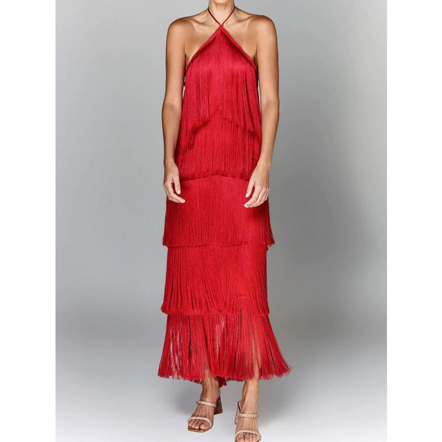 Fringe Halter Neck Maxi Dress Apparel and Accessories