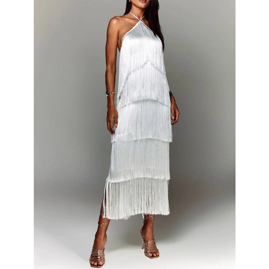 Fringe Halter Neck Maxi Dress Apparel and Accessories
