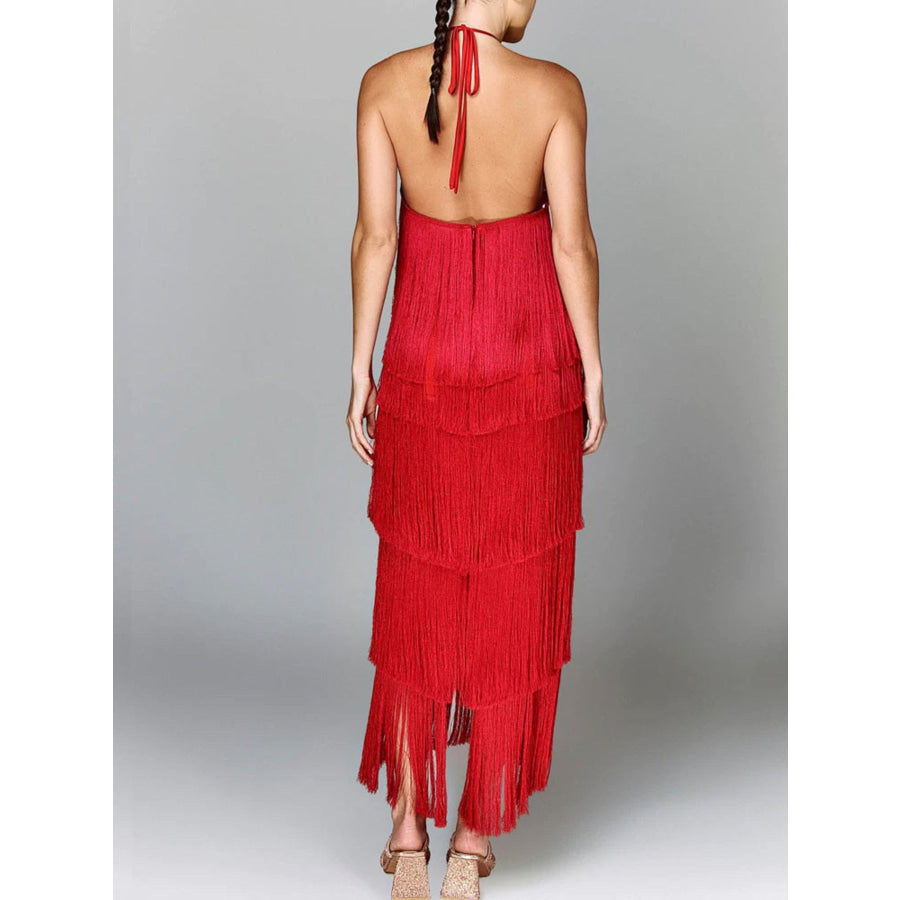 Fringe Halter Neck Maxi Dress Red / S Apparel and Accessories