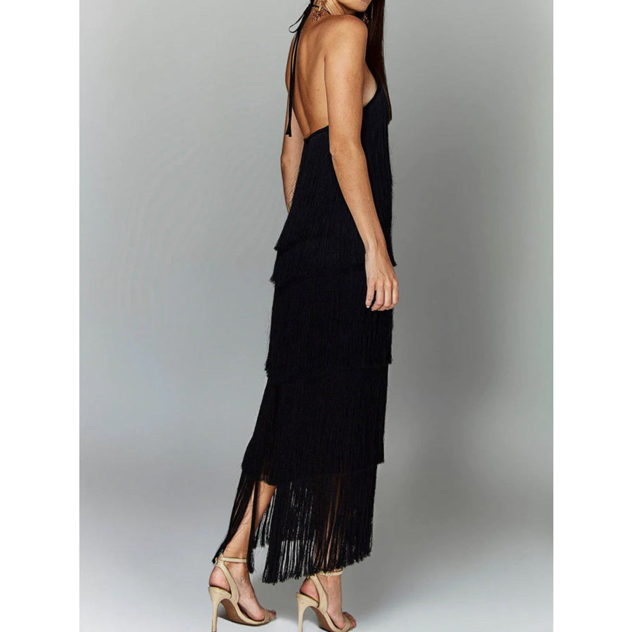 Fringe Halter Neck Maxi Dress Apparel and Accessories
