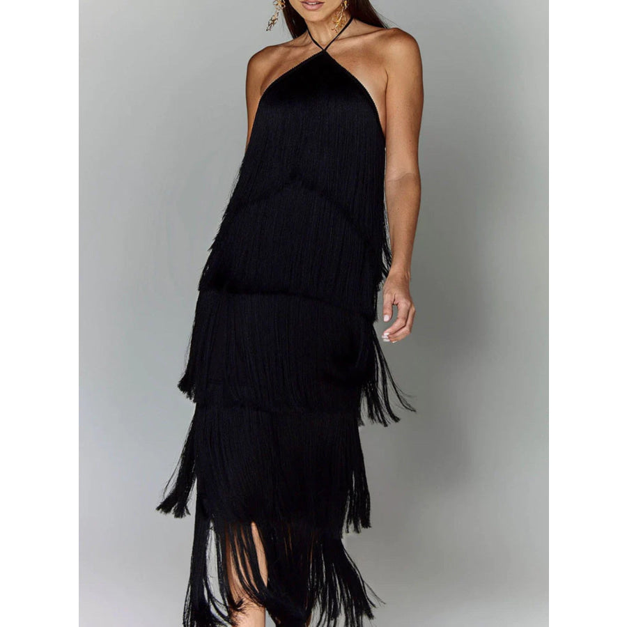 Fringe Halter Neck Maxi Dress Apparel and Accessories