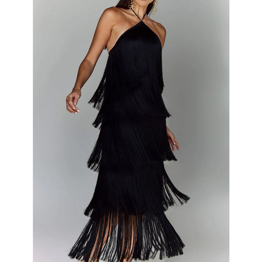 Fringe Halter Neck Maxi Dress Black / S Apparel and Accessories
