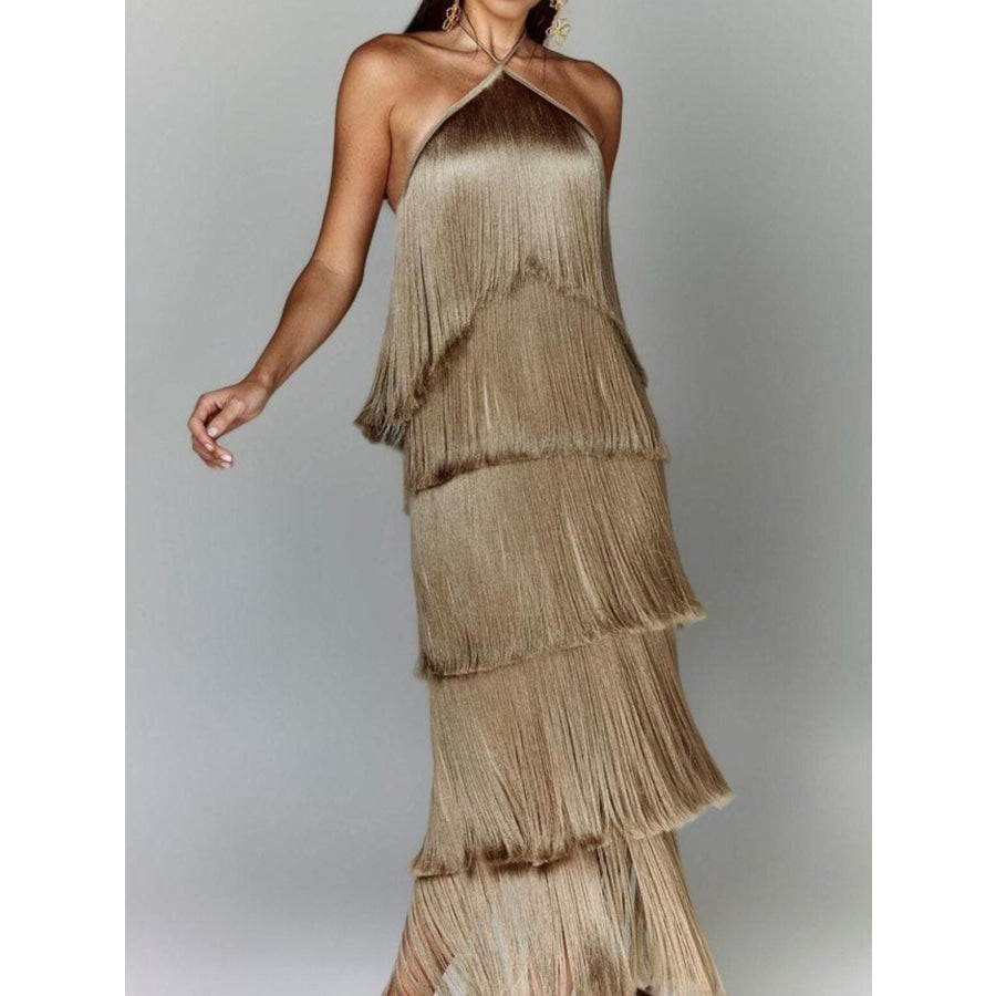 Fringe Halter Neck Maxi Dress Camel / S Apparel and Accessories