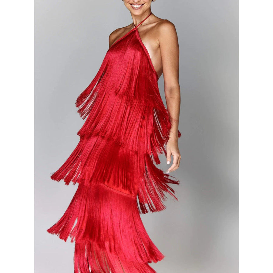 Fringe Halter Neck Maxi Dress Red / S Apparel and Accessories
