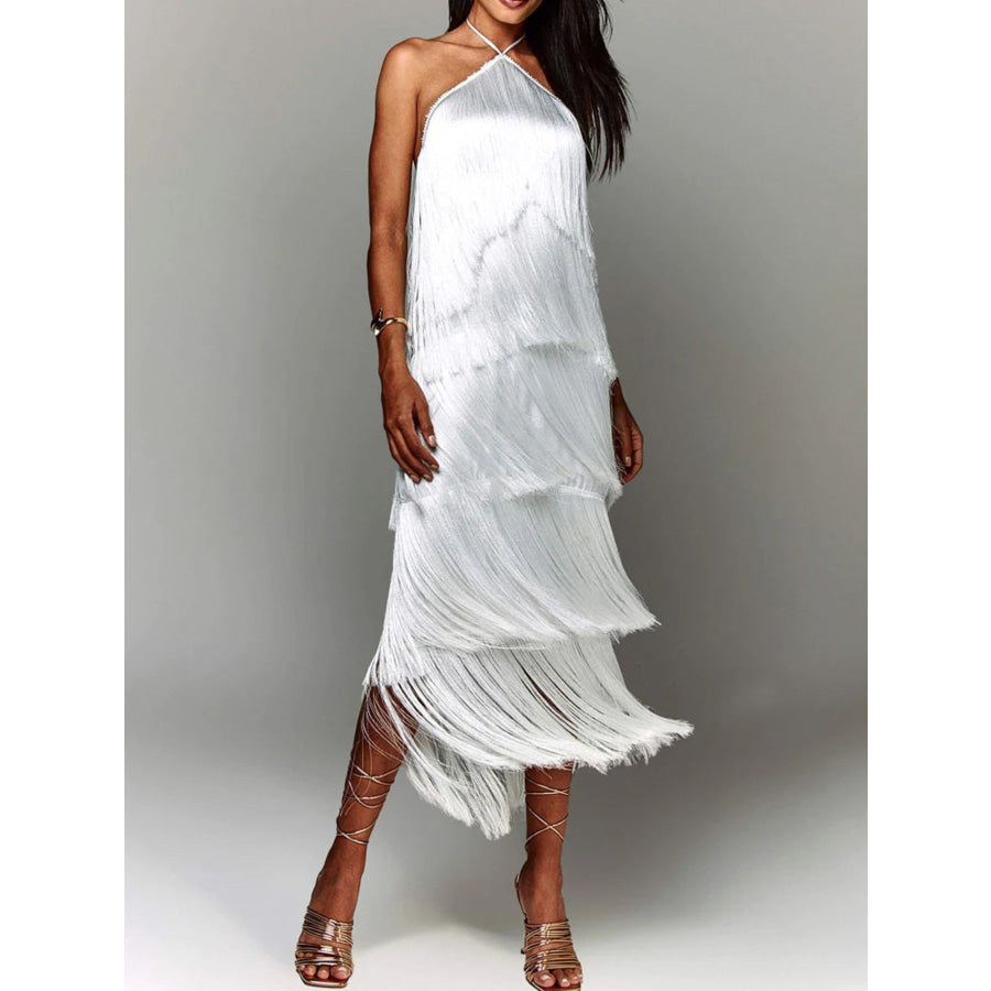 Fringe Halter Neck Maxi Dress White / S Apparel and Accessories