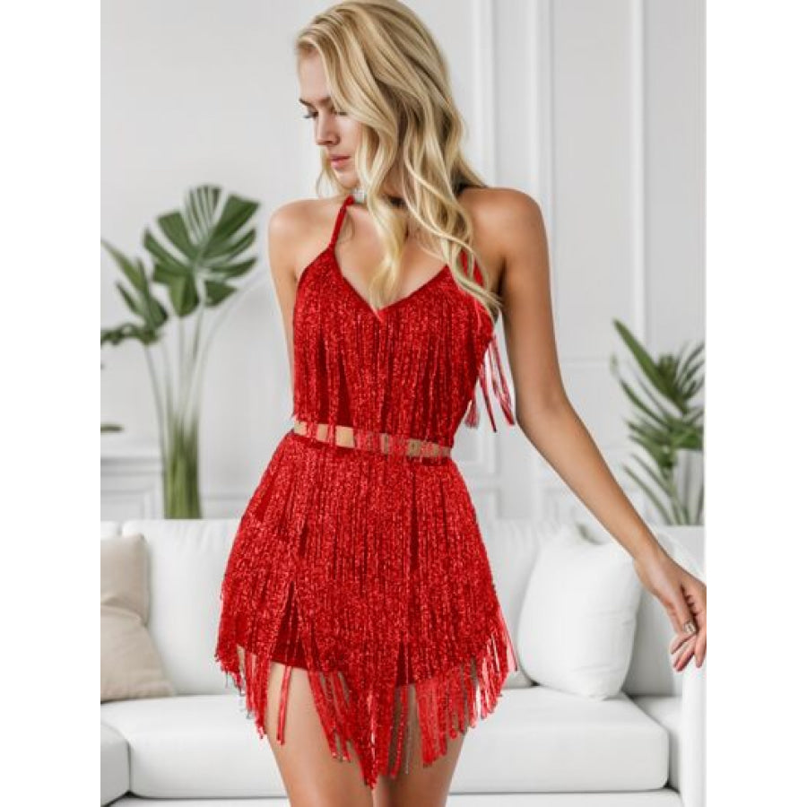 Fringe Halter Neck Top and Shorts Set Red / XS Apparel Accessories