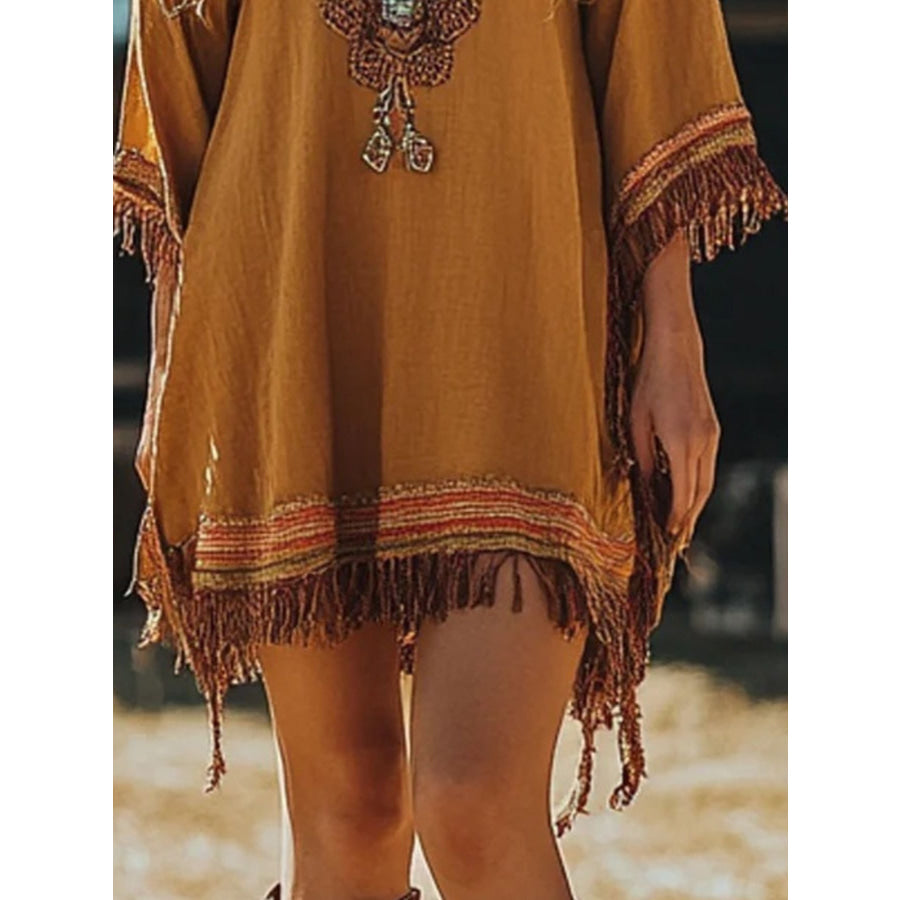 Fringe Hem 3/4 Sleeve Mini Dress Apparel and Accessories
