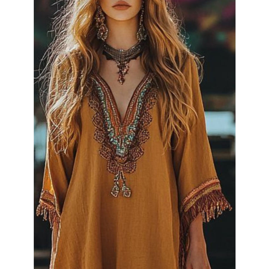 Fringe Hem 3/4 Sleeve Mini Dress Apparel and Accessories