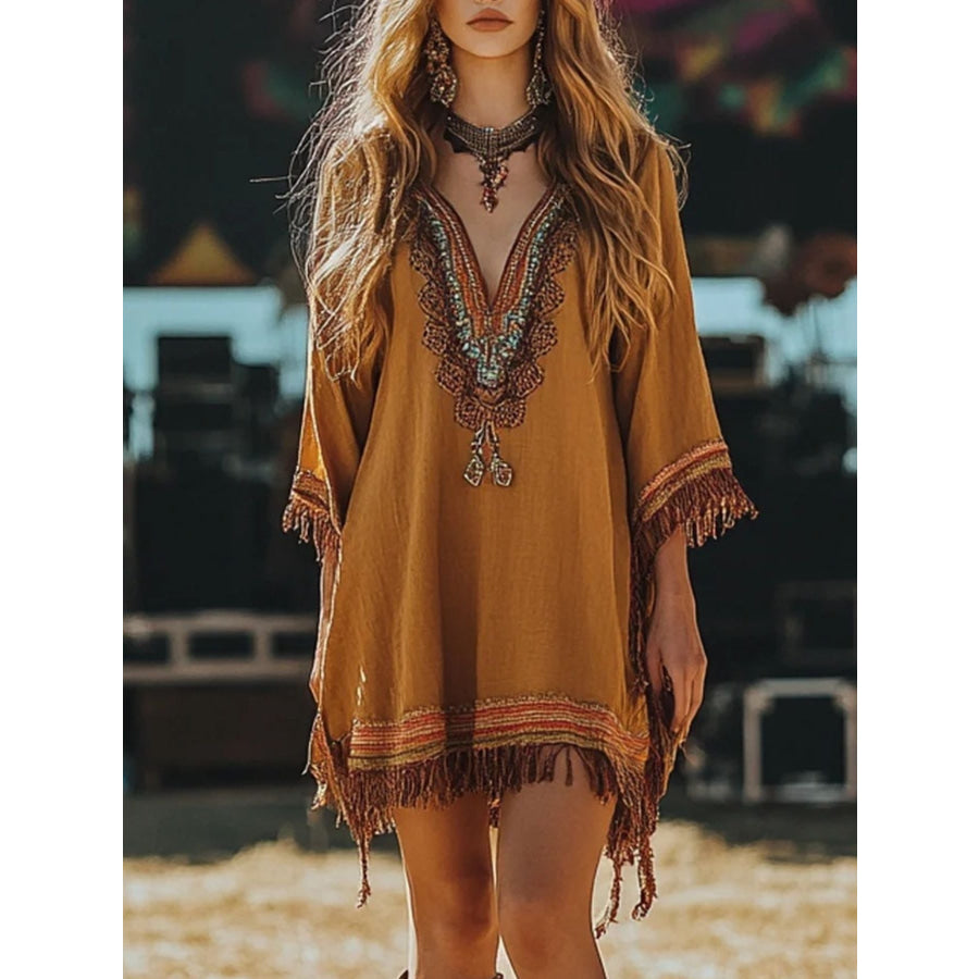 Fringe Hem 3/4 Sleeve Mini Dress Ochre / S Apparel and Accessories