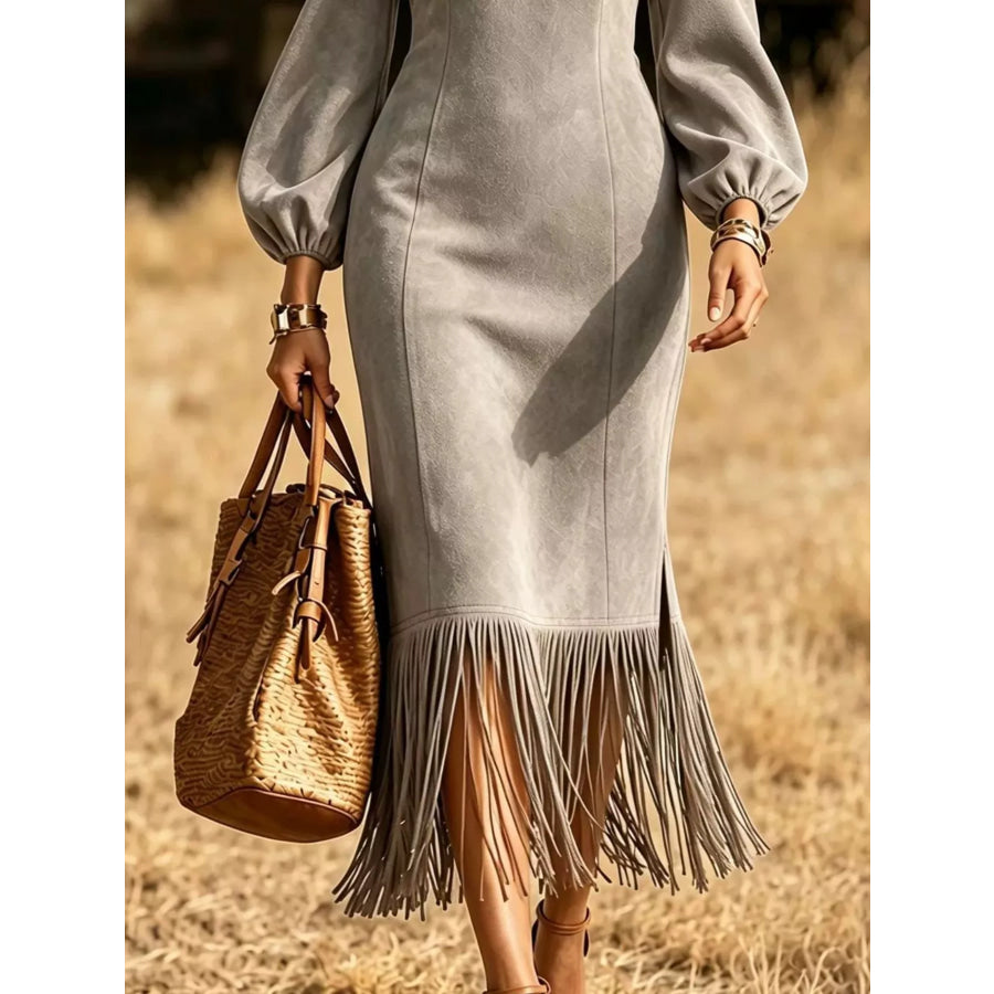 Fringe Hem Balloon Sleeve Midi Dress Apparel and Accessories