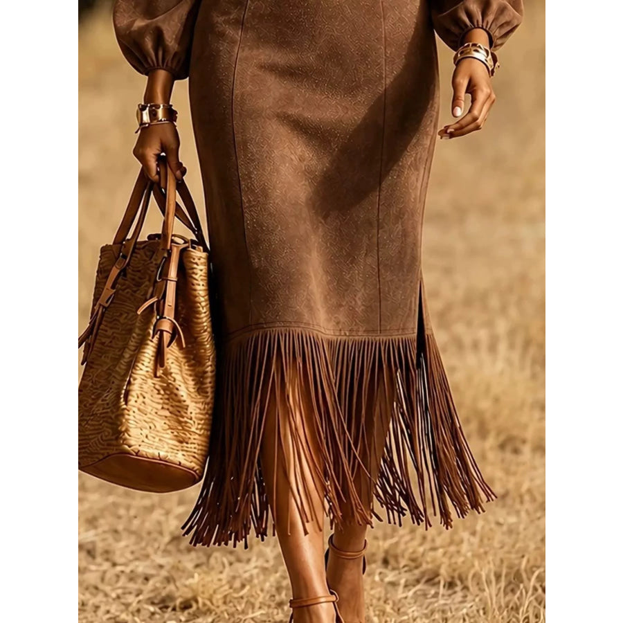 Fringe Hem Balloon Sleeve Midi Dress Apparel and Accessories