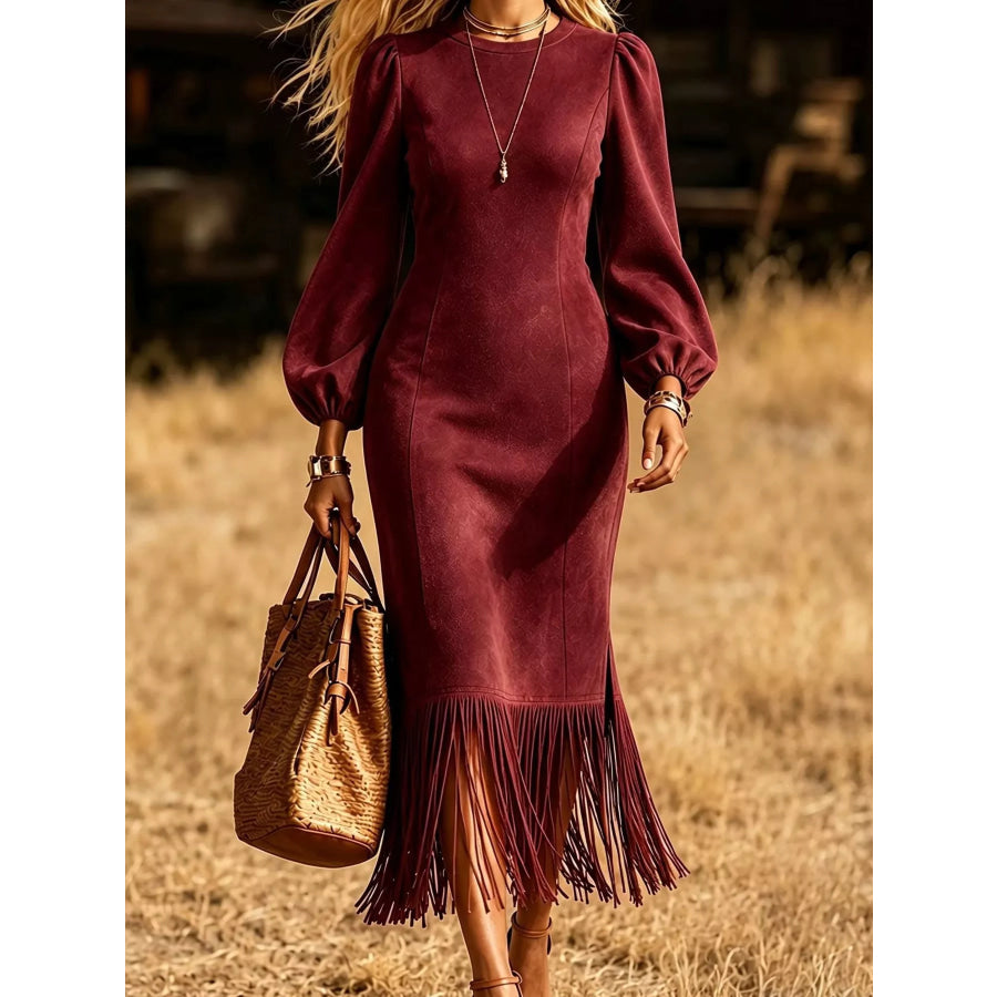 Fringe Hem Balloon Sleeve Midi Dress Apparel and Accessories
