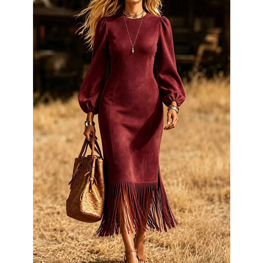 Fringe Hem Balloon Sleeve Midi Dress Burgundy / S Apparel and Accessories