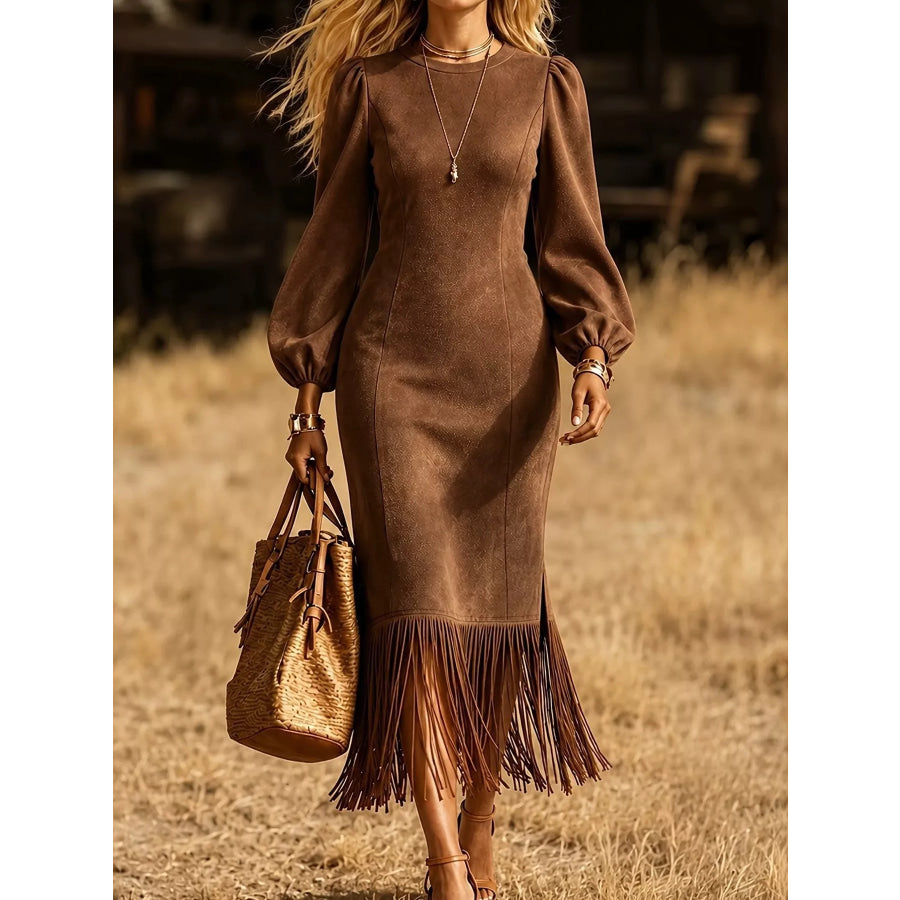 Fringe Hem Balloon Sleeve Midi Dress Coffee Brown / S Apparel and Accessories