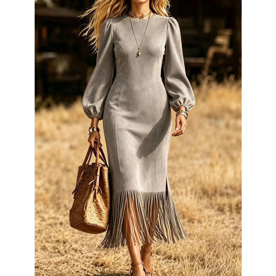 Fringe Hem Balloon Sleeve Midi Dress Light Gray / S Apparel and Accessories