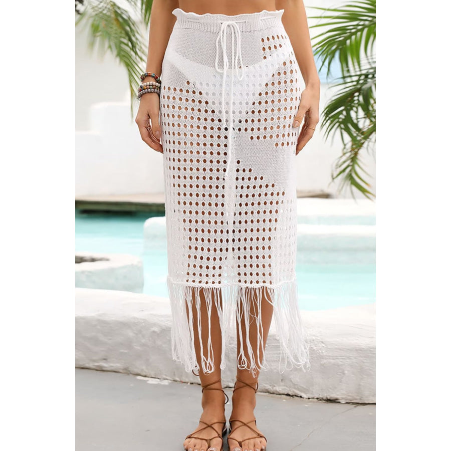 Fringe Hem Drawstring Waist Openwork Skirt White / S