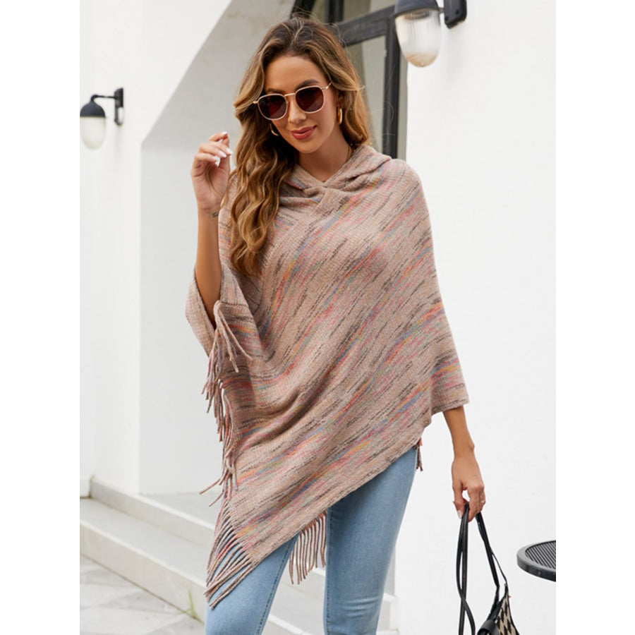 Fringe Hem Hooded Poncho Khaki / One Size