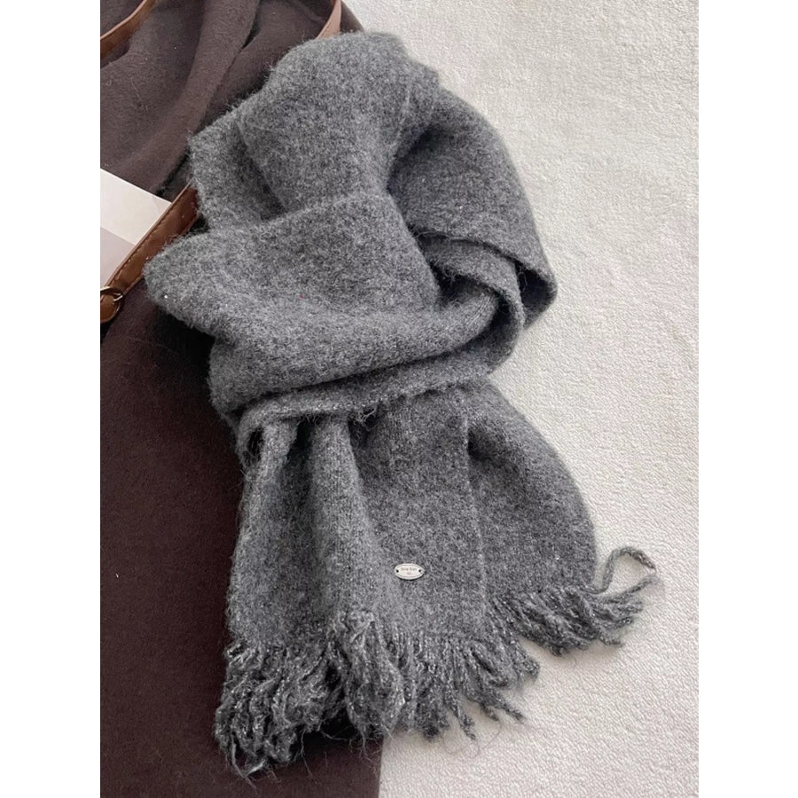 Fringe Hem Knitted Scarf Dark Gray / ONESIZE Apparel and Accessories