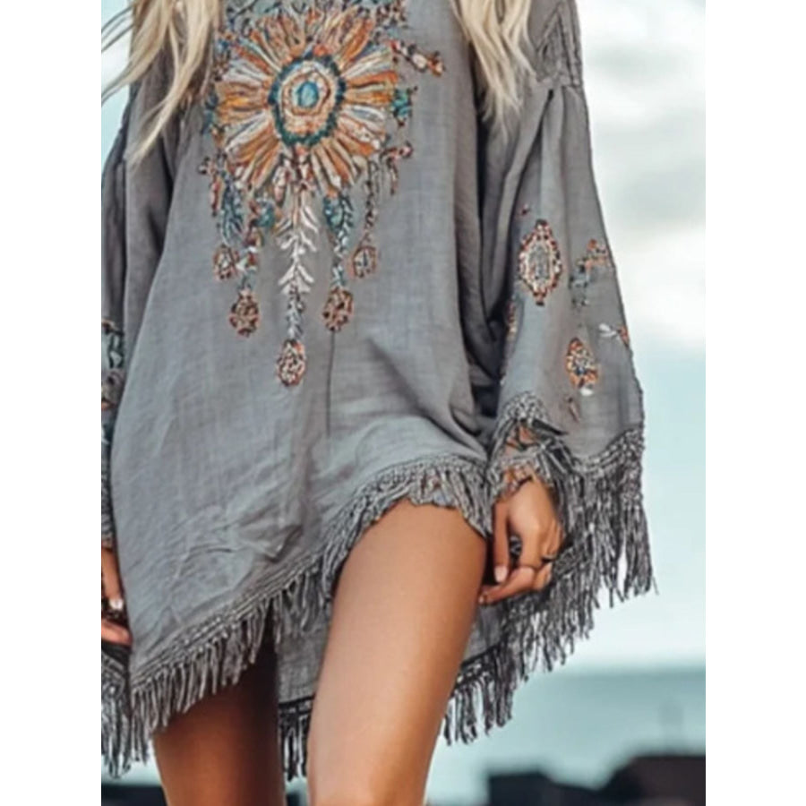 Fringe Hem Long Sleeve Mini Dress Apparel and Accessories