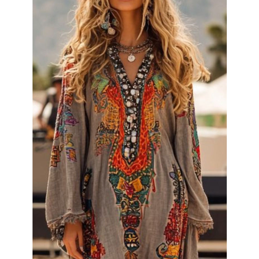 Fringe Hem Notched Long Sleeve Dress Apparel and Accessories