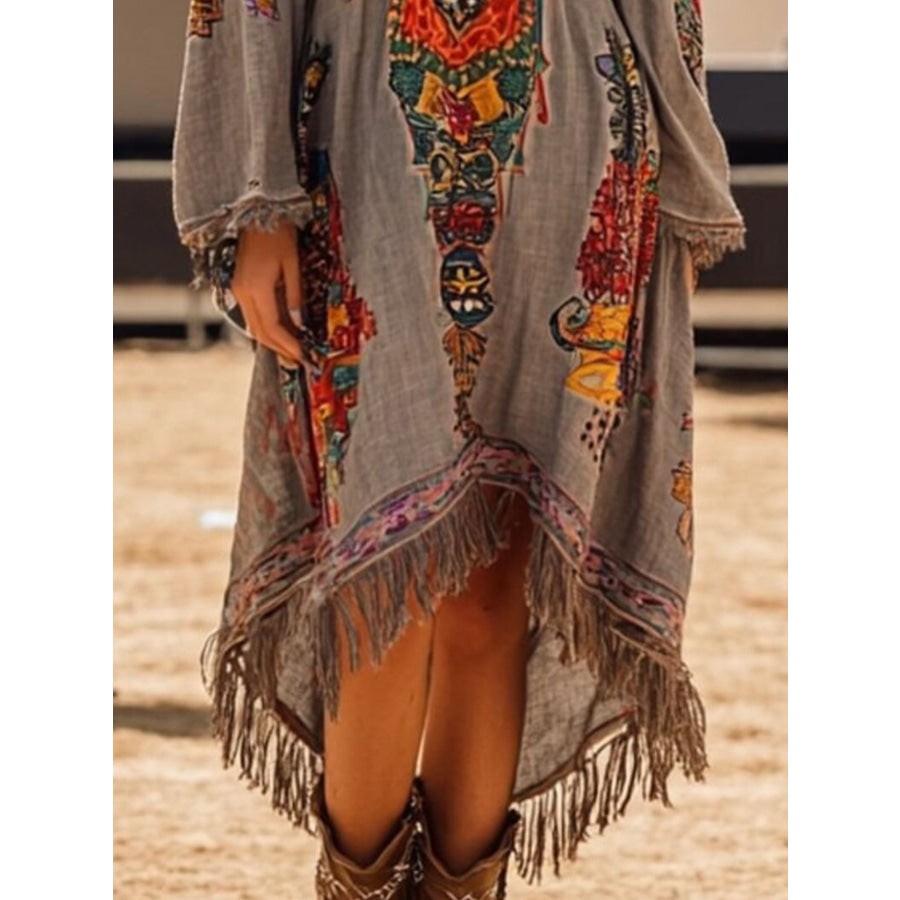 Fringe Hem Notched Long Sleeve Dress Apparel and Accessories