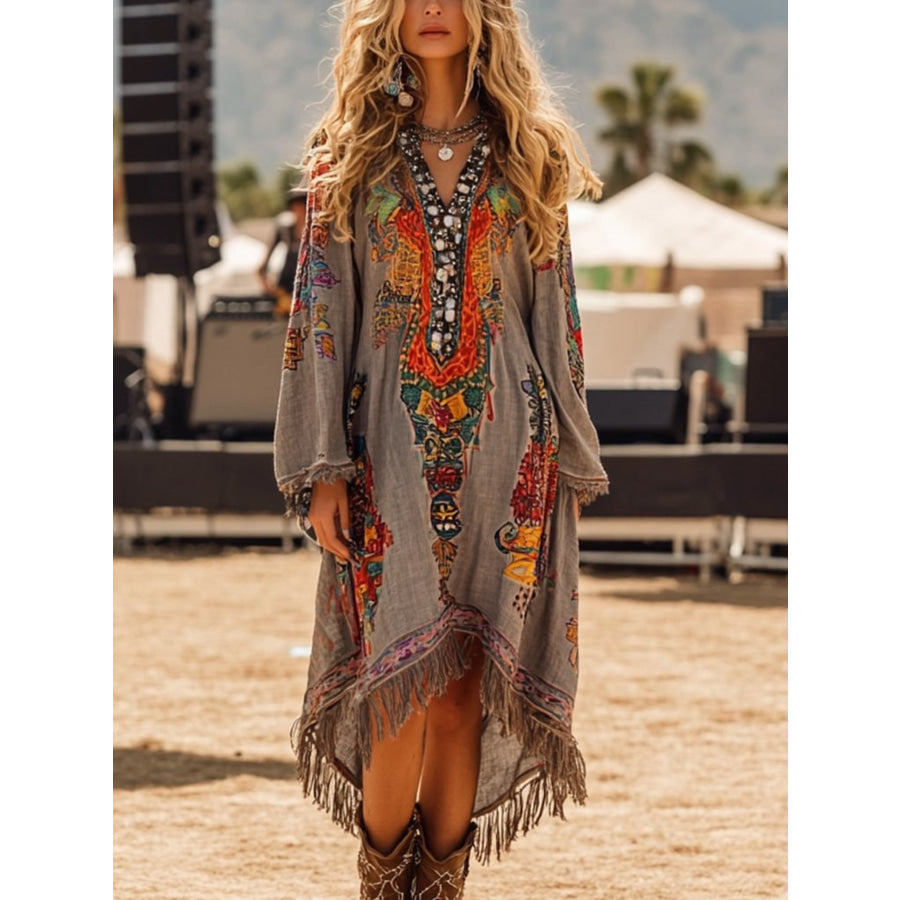 Fringe Hem Notched Long Sleeve Dress Gray / S Apparel and Accessories