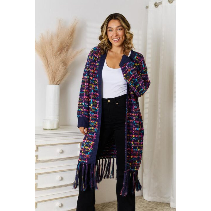 Fringe Hem Open Front Cardigan Multicolor / S