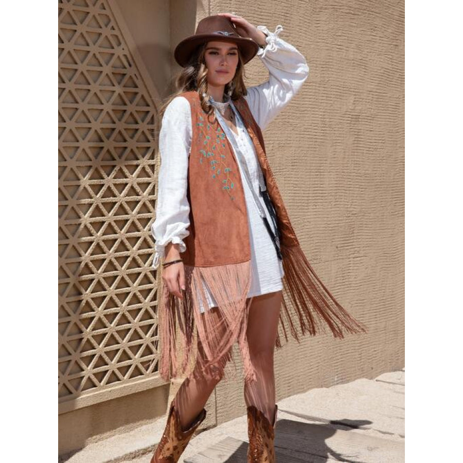 Fringe Hem Open Front Vest Chestnut / S Clothing