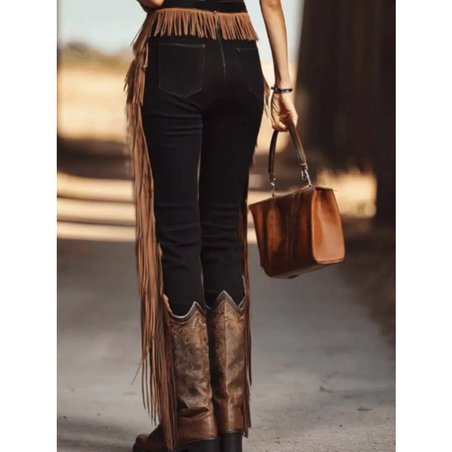 Fringe Hem Slim Fit Pants Apparel and Accessories