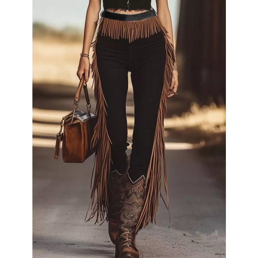 Fringe Hem Slim Fit Pants Black / S Apparel and Accessories