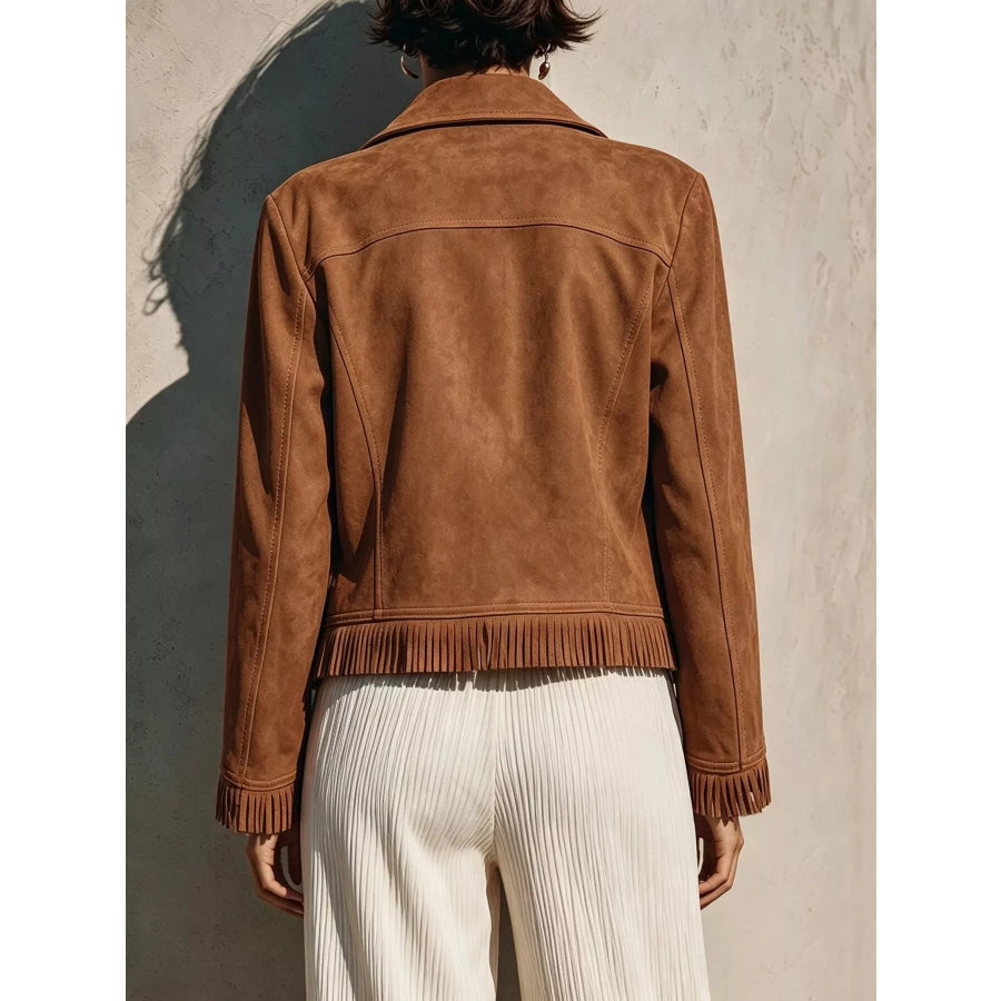 Fringe Hem Zip Up Jacket Apparel and Accessories