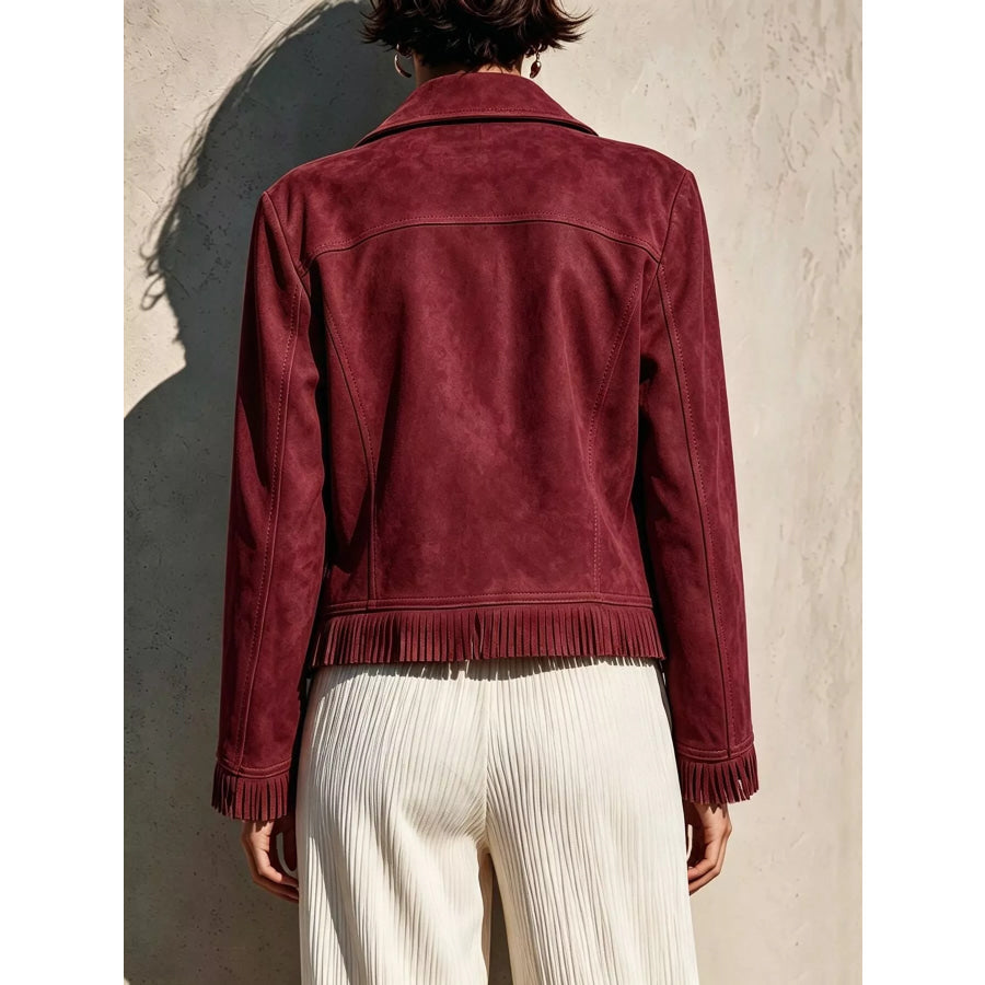 Fringe Hem Zip Up Jacket Apparel and Accessories