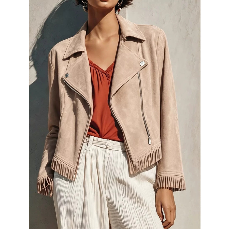 Fringe Hem Zip Up Jacket Apricot / S Apparel and Accessories