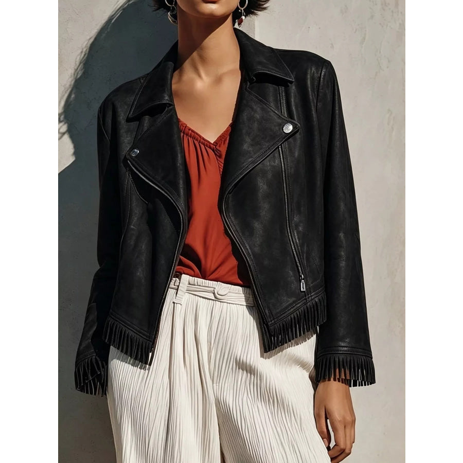 Fringe Hem Zip Up Jacket Black / S Apparel and Accessories
