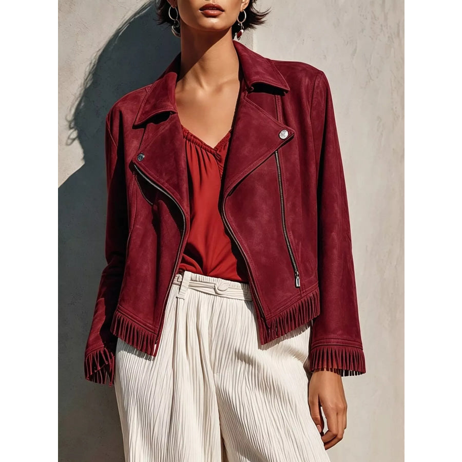 Fringe Hem Zip Up Jacket Burgundy / S Apparel and Accessories