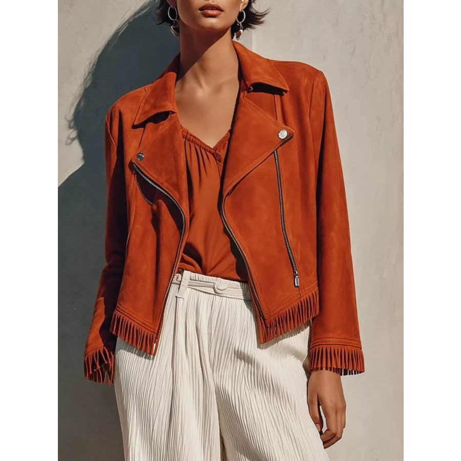 Fringe Hem Zip Up Jacket Rust / S Apparel and Accessories