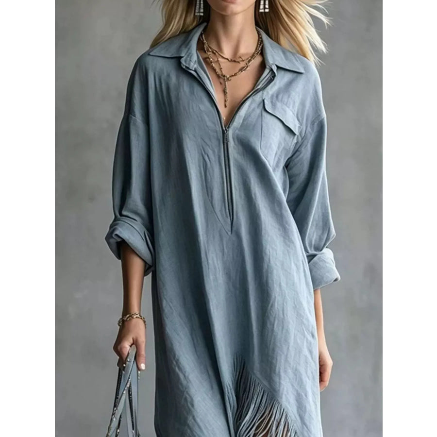 Fringe Hem Zip-Up Shirt Dress Apparel and Accessories