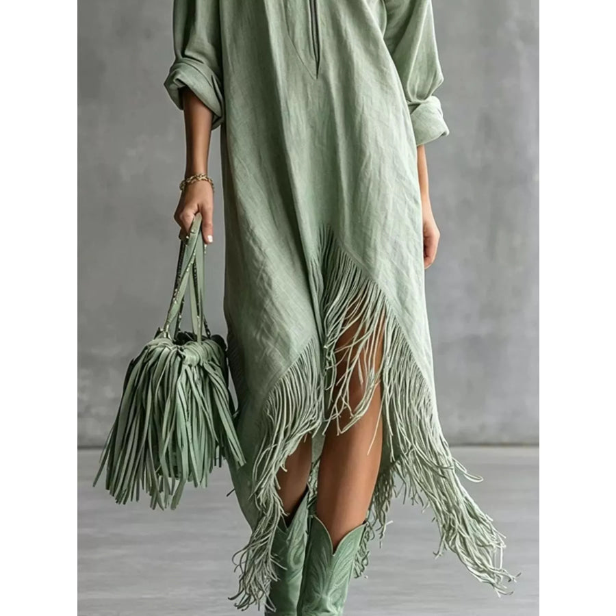 Fringe Hem Zip-Up Shirt Dress Apparel and Accessories