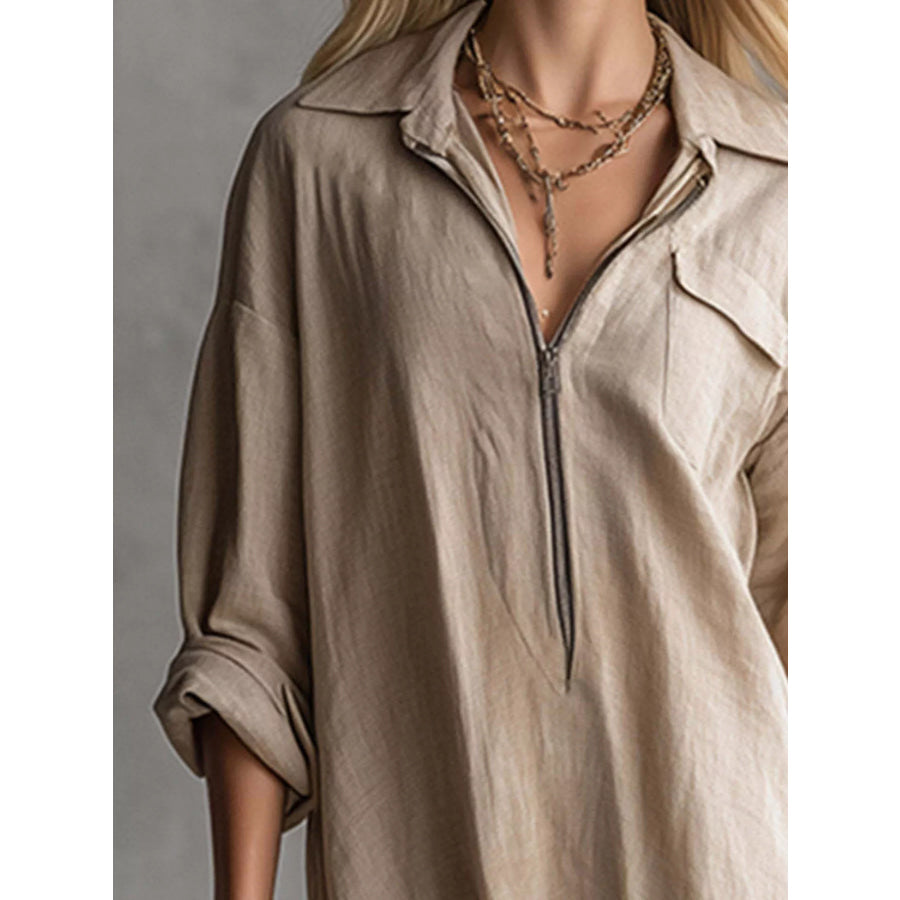 Fringe Hem Zip-Up Shirt Dress Apparel and Accessories