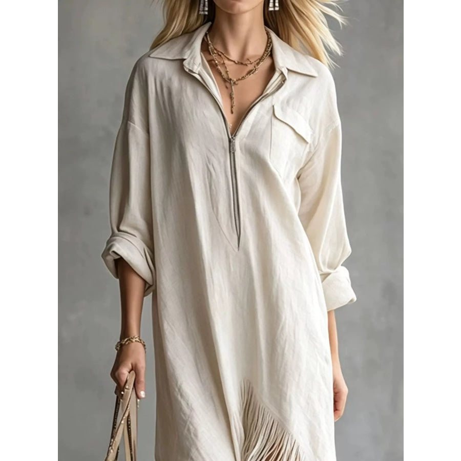 Fringe Hem Zip-Up Shirt Dress Apparel and Accessories