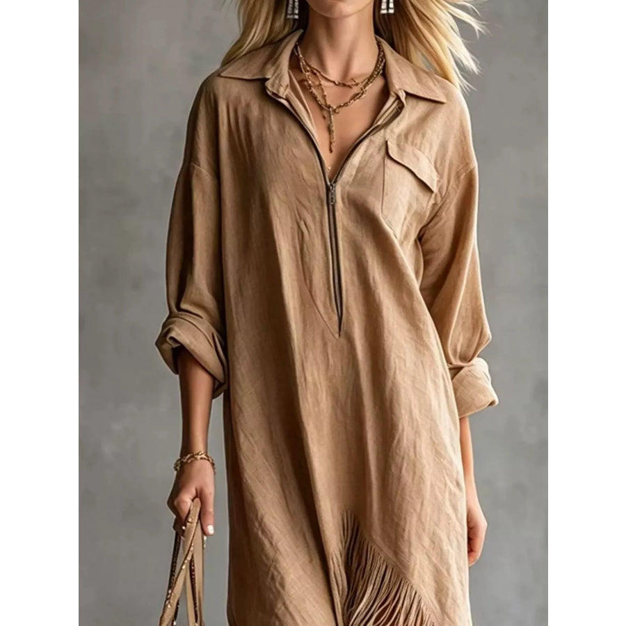 Fringe Hem Zip-Up Shirt Dress Apparel and Accessories
