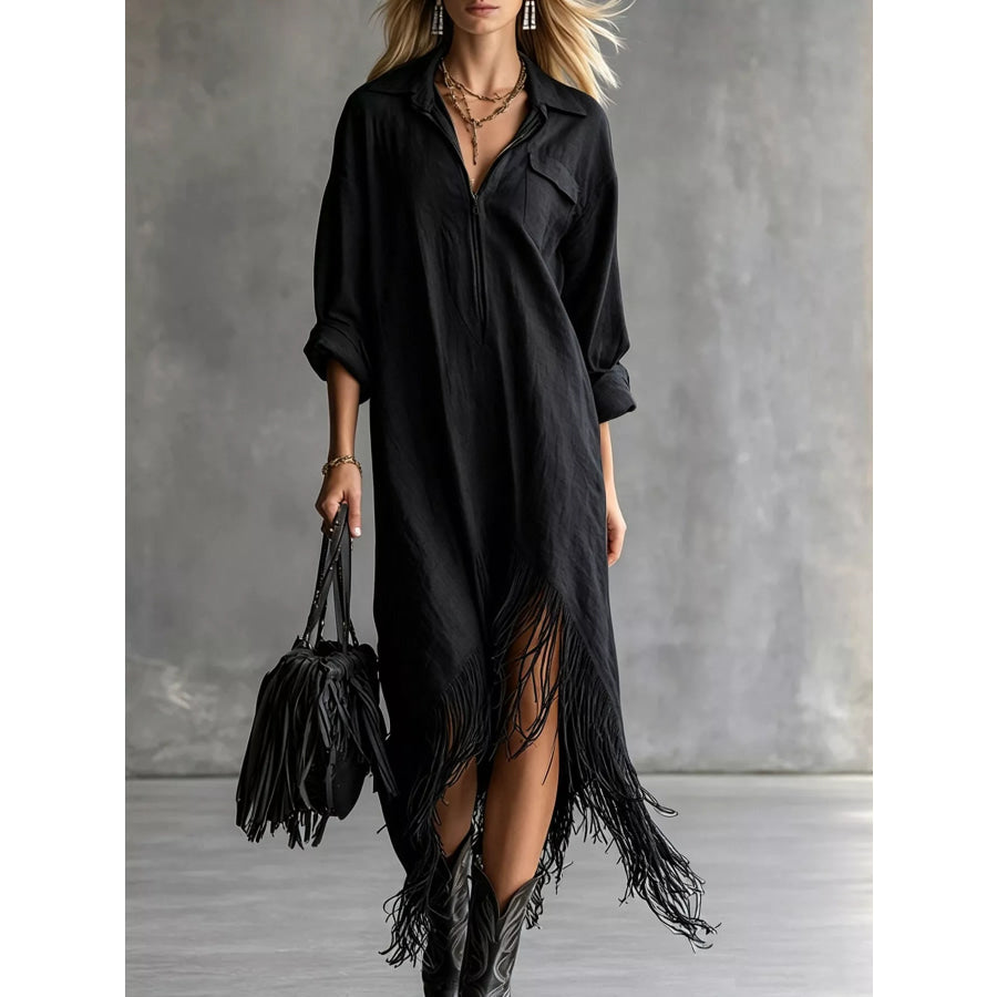 Fringe Hem Zip-Up Shirt Dress Black / S Apparel and Accessories