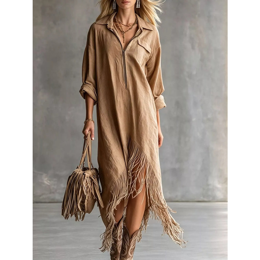 Fringe Hem Zip-Up Shirt Dress Camel / S Apparel and Accessories