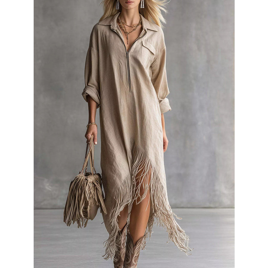 Fringe Hem Zip-Up Shirt Dress Khaki / S Apparel and Accessories