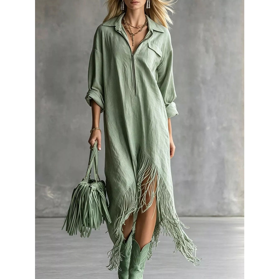 Fringe Hem Zip-Up Shirt Dress Light Green / S Apparel and Accessories